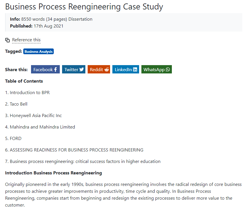 BPR Business Process Reengineering Case Study